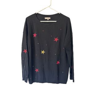 Hobbs London Black Boat Neck Embroidered Multicolor Star Sweater Size M Cosmic